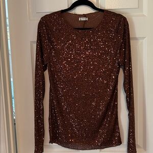 Anthropologie Brown Sequin Long Sleeve Top
